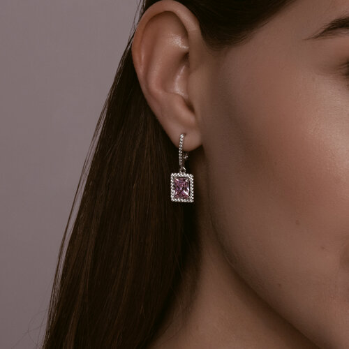 Серьги Длинные из серебра с камнями Фианит, Фианит Розовый