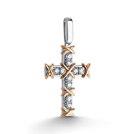 Крестик из белого и красного золота с камнями Бриллиант