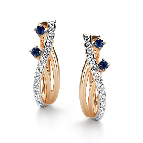 Серьги из красного золота с камнями Бриллиант, Сапфир
