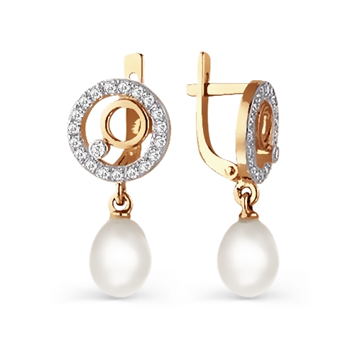 Cercei Suspendați din aur roșu cu pietre Cubic Zirconia Incolor, Perla Albă