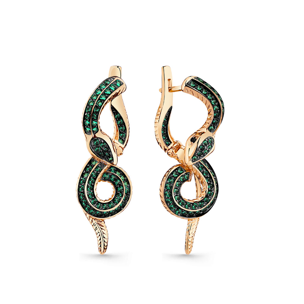 Cercei din aur roșu cu pietre Cubic Zirconia Negru, Cubic Zirconia Verde