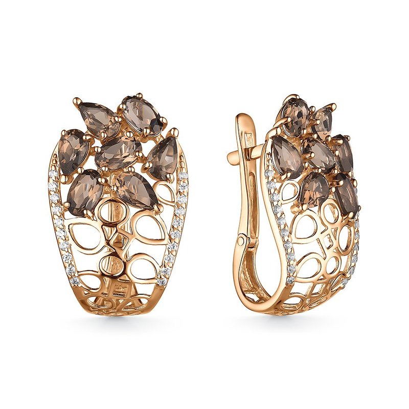 Cercei din aur roșu cu pietre Cubic Zirconia Incolor, Cuarț fumuriu