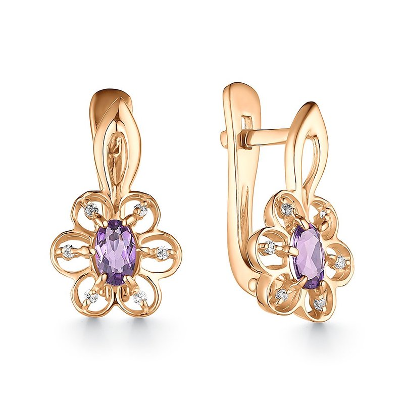Cercei din aur roșu cu pietre Cubic Zirconia Incolor, Ametist