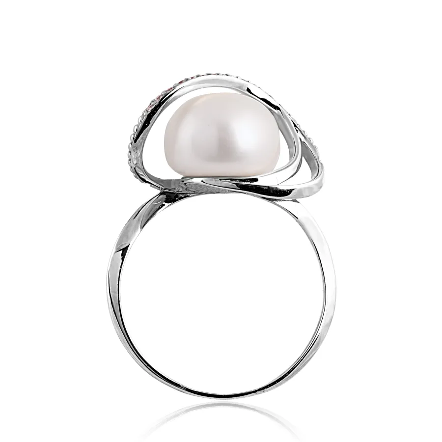 Inel din aur alb cu Cubic Zirconia Incolor, Perla Albă