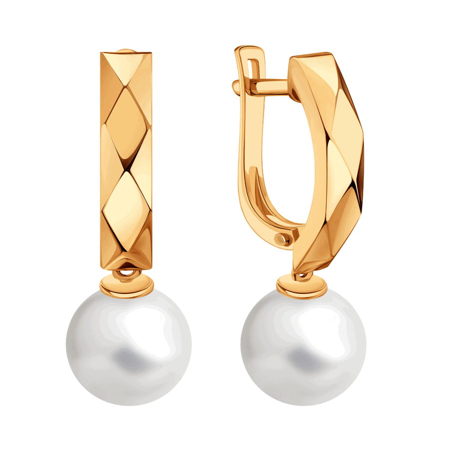 Серьги Длинные из красного золота с камнями Жемчуг белый