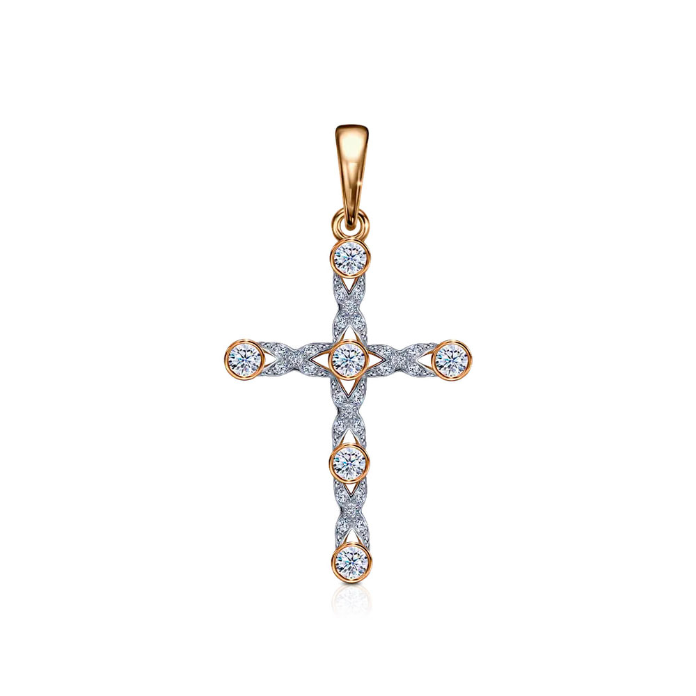 Cruce din aur roșu cu pietre Cubic Zirconia Incolor