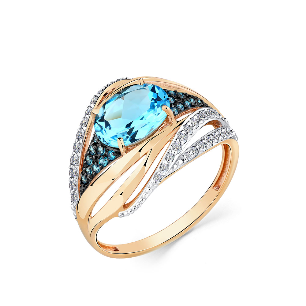 Inel din aur roșu cu pietre Cubic Zirconia Incolor, Cubic Zirconia Albastru și Topaz Swiss
