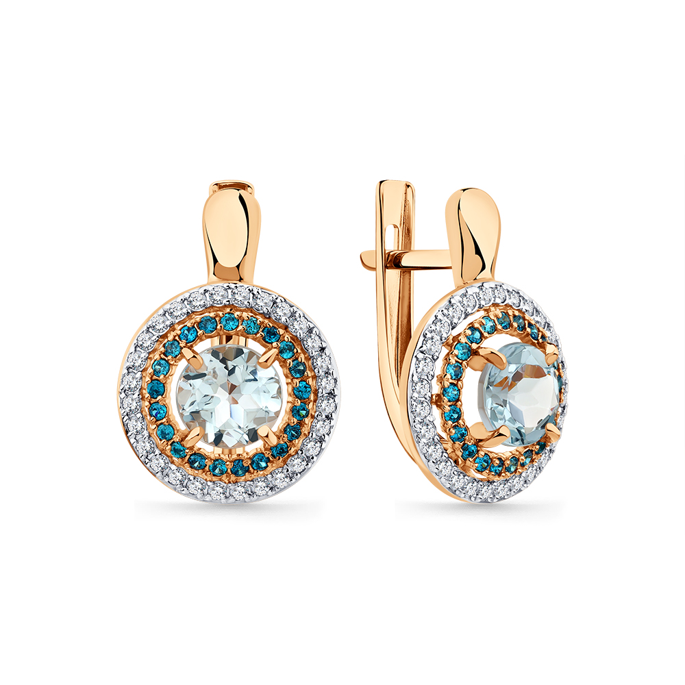 Cercei din aur roșu cu pietre Cubic Zirconia Incolor, Topaz albastru