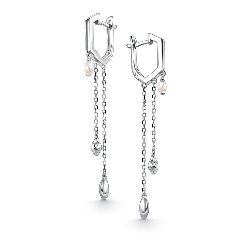 Серьги Длинные из серебра с камнями Жемчуг имит.