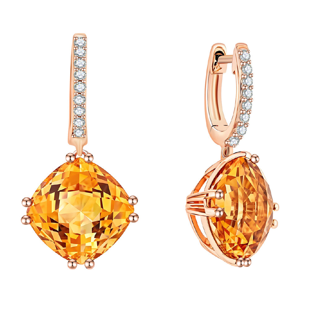 Серьги Конго из красного золота с камнями Бриллиант, Цитрин
