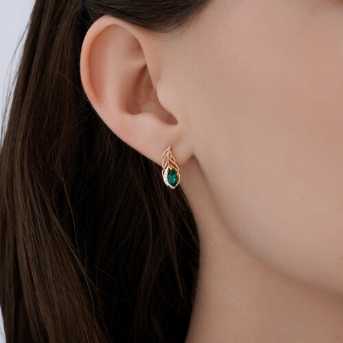 Серьги из красного золота с камнями Бриллиант, Изумруд гидротермальный