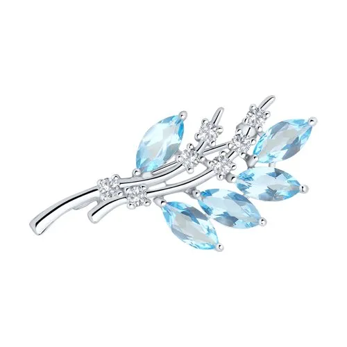 Broșă din argint cu Cubic Zirconia Incolor, Topaz albastru