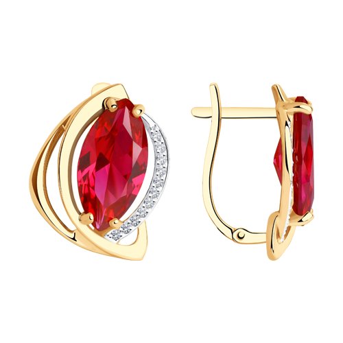 Серьги из красного золота с камнями Фианит, Корунд в цвете рубина