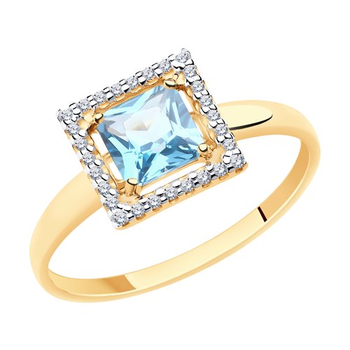 Inel din aur roșu cu pietre Cubic Zirconia Incolor, Topaz albastru