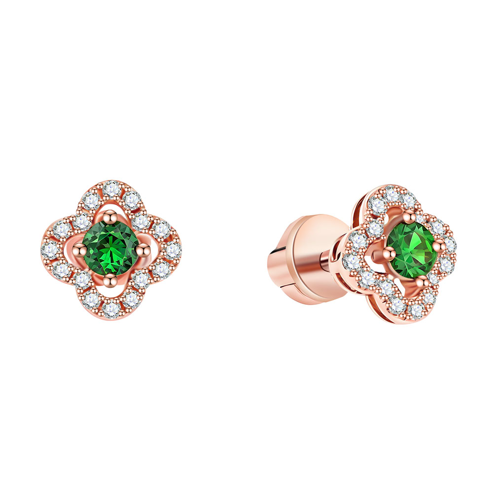 Серьги Пусеты из красного золота с камнями Бриллиант, Цаворит