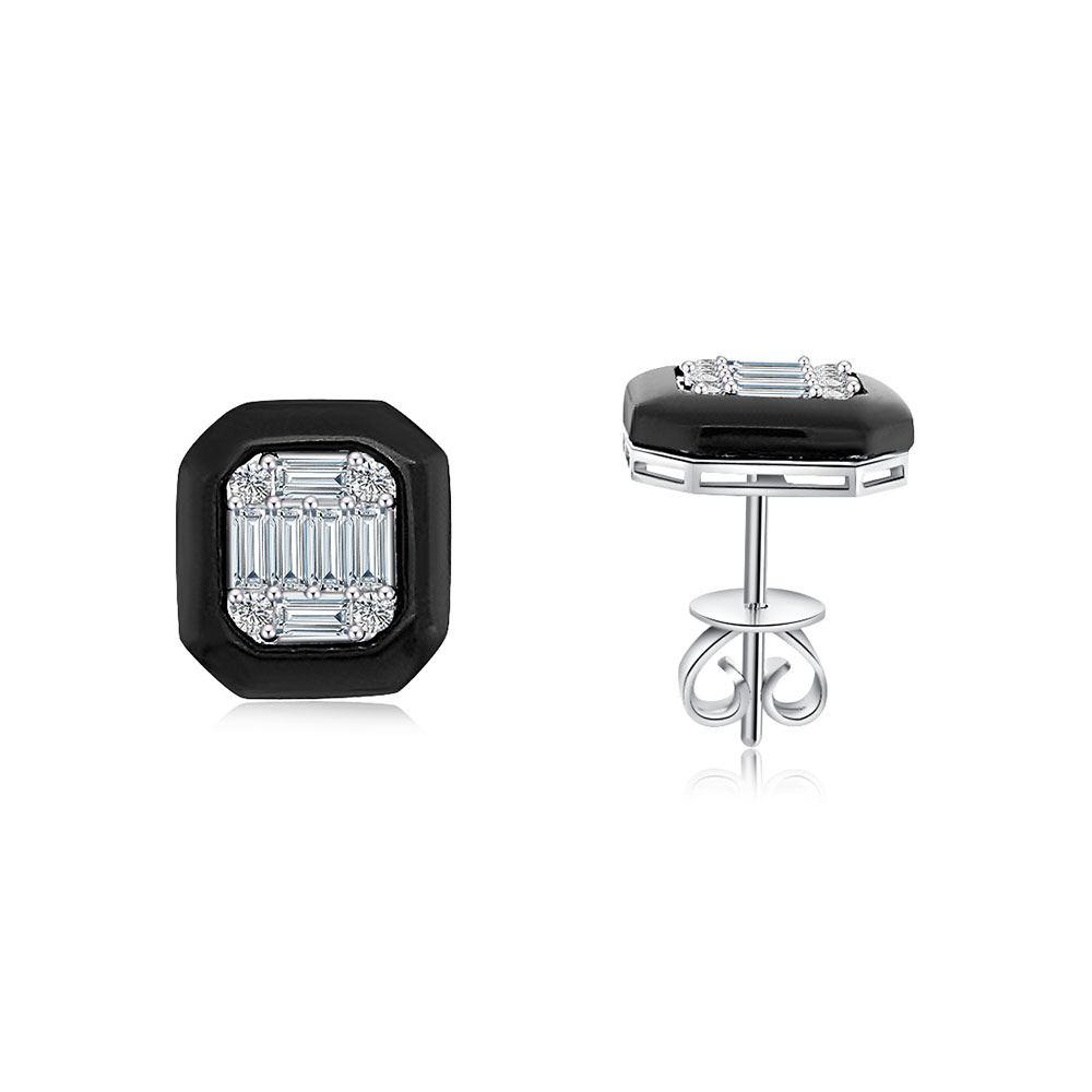 Cercei Pusete din aur alb cu pietre Diamant, Onix negru