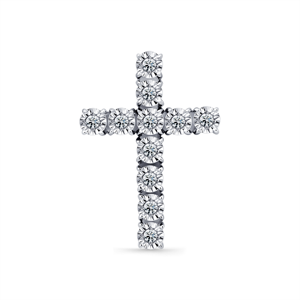 Крестик из белого золота с камнями Бриллиант