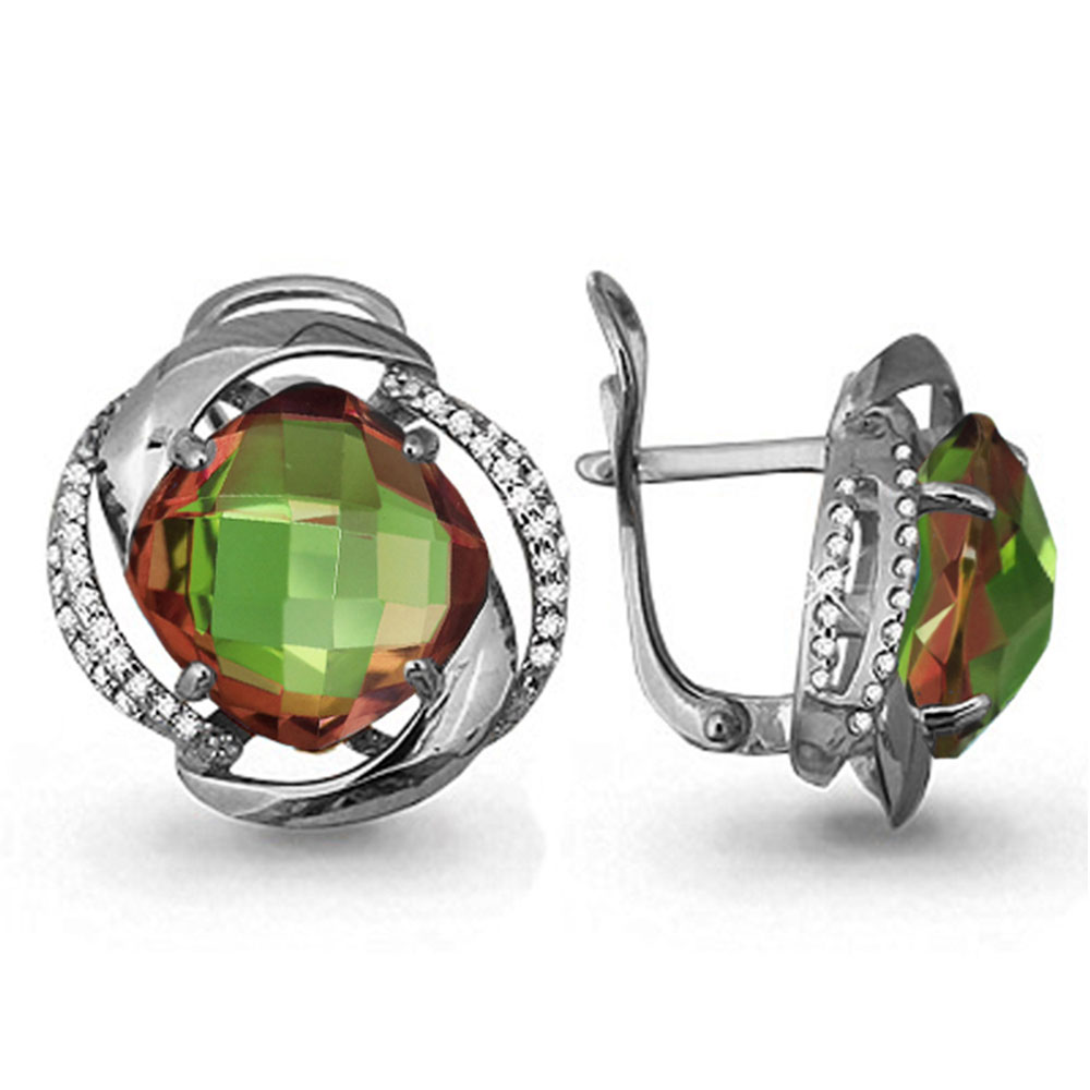 Серьги из белого золота с камнями Фианит, Султанит (синт.)