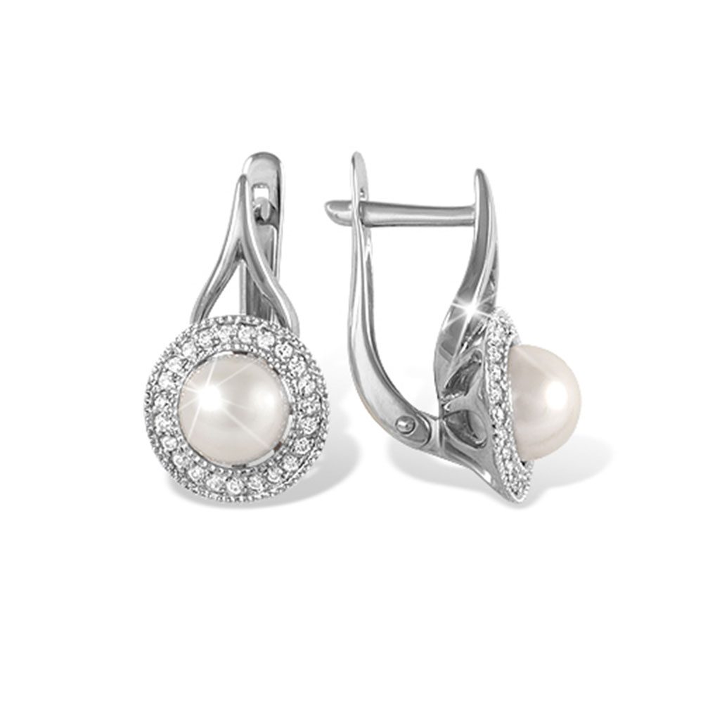 Cercei din aur alb cu pietre Cubic zirconia, Perla Albă