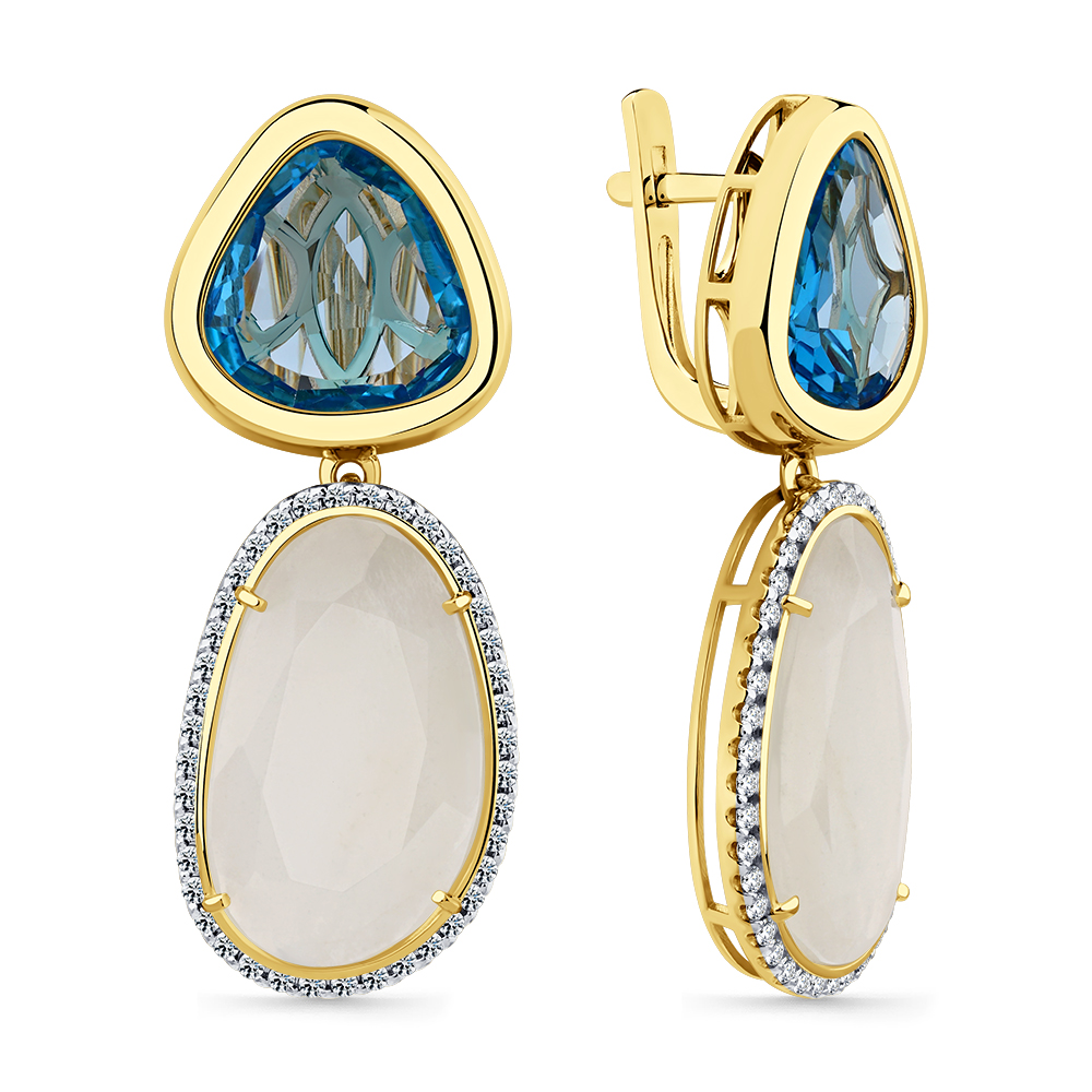 Cercei Suspendați din aur galben cu pietre Cubic Zirconia Incolor, Piatra Lunii și Topaz Swiss