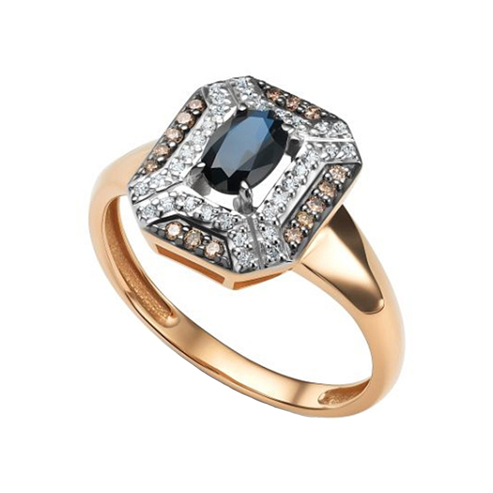 Кольцо из красного золота с камнями Бриллиант, Бриллиант коньяк и Сапфир