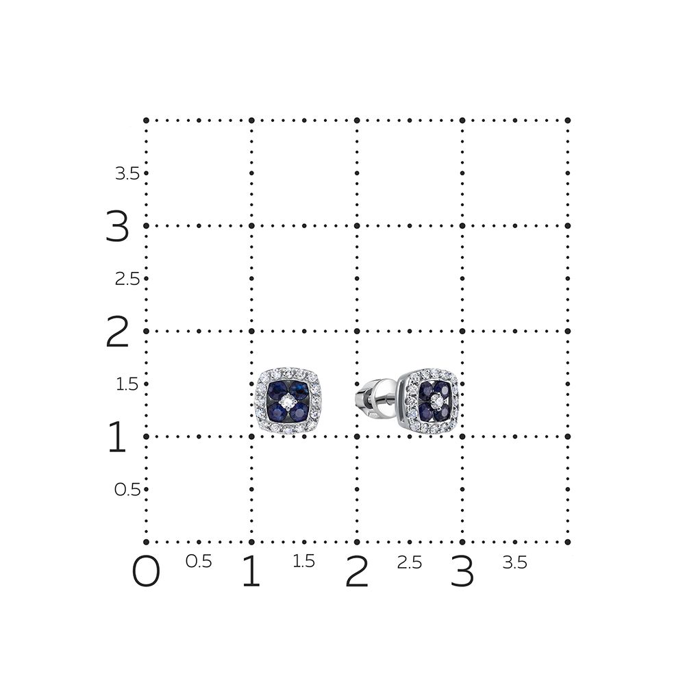 Серьги Пусеты из белого золота с камнями Бриллиант, Сапфир
