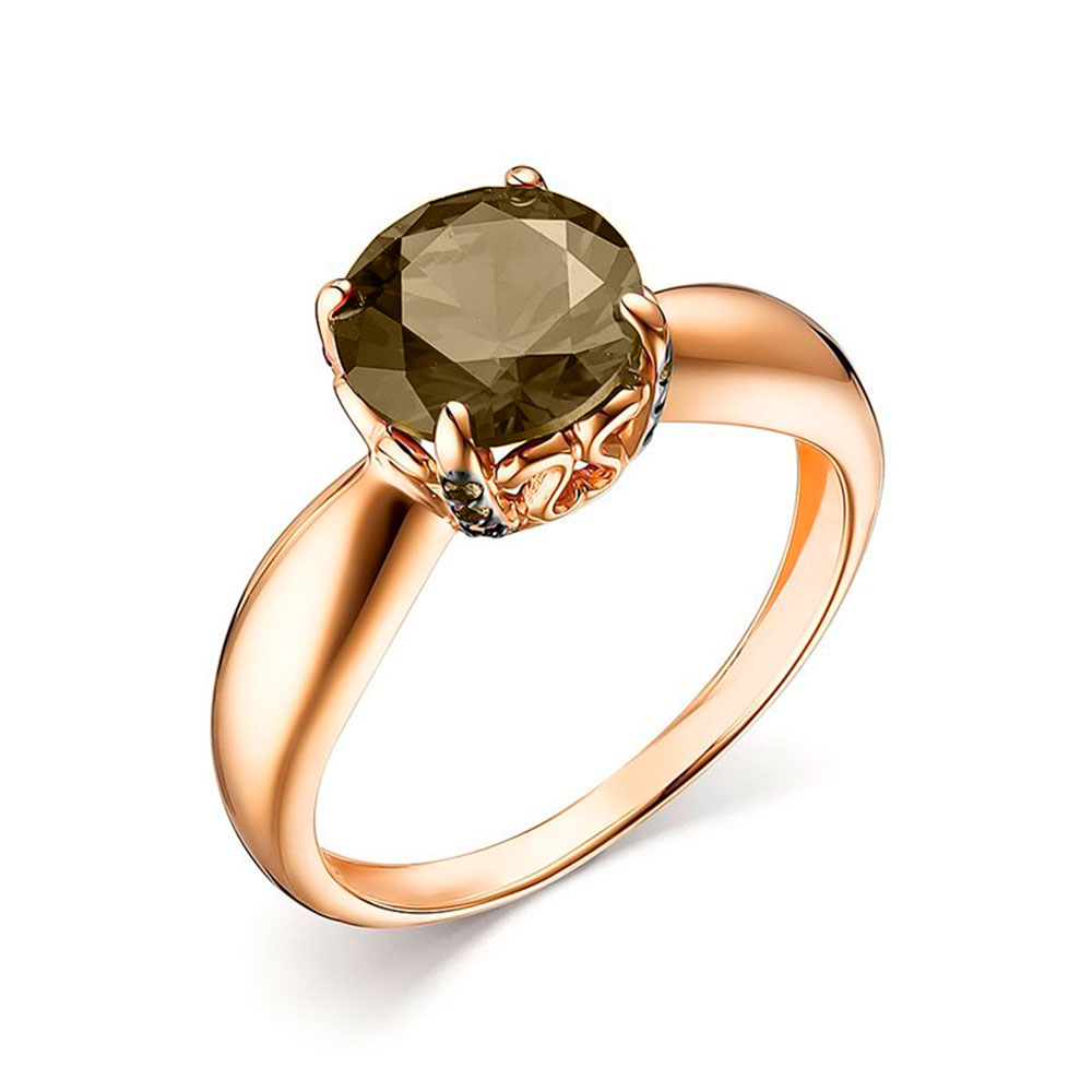 Кольцо из красного золота с камнями Фианит, Кварц дымчатый