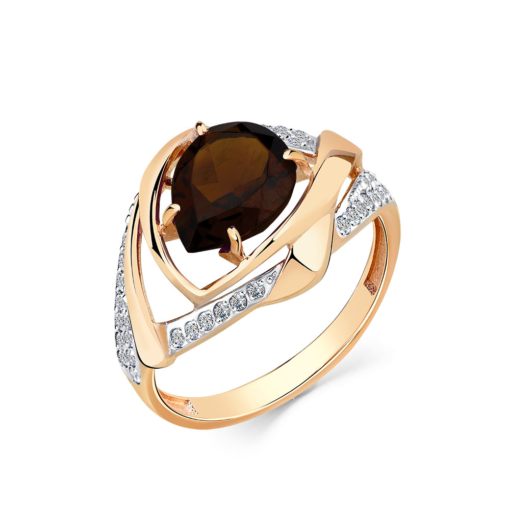 Inel din aur roșu cu pietre Cubic Zirconia Incolor, Cuarț fumuriu
