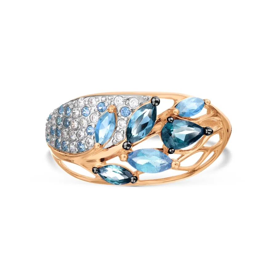 Inel din aur roșu cu Cubic Zirconia Incolor, Cubic Zirconia Albastru și Topaz