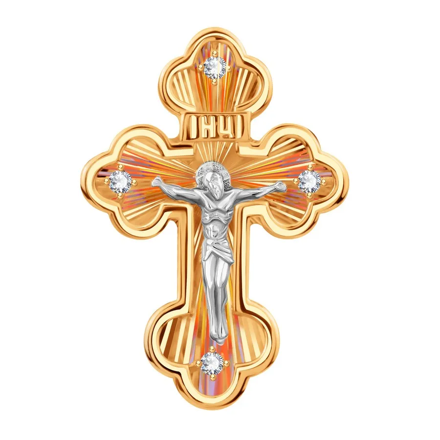 Cruce din aur alb și roșu cu Cubic Zirconia Incolor