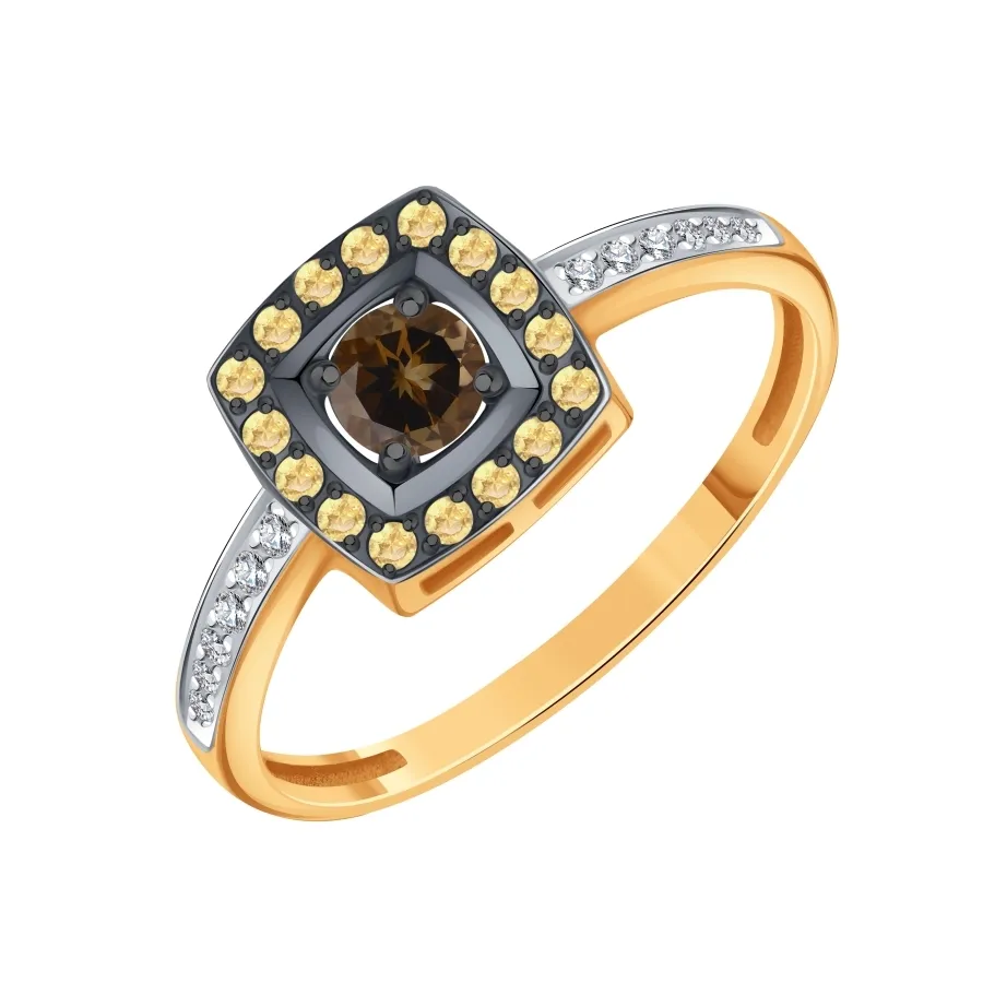 Inel din aur roșu cu Cubic Zirconia Incolor, Cubic Zirconia Galben și Cuarț fumuriu