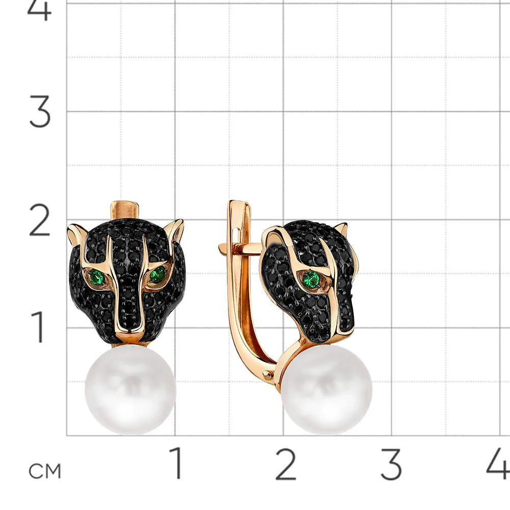 Cercei din aur roșu cu Cubic Zirconia Negru, Cubic Zirconia Verde și Perla Albă