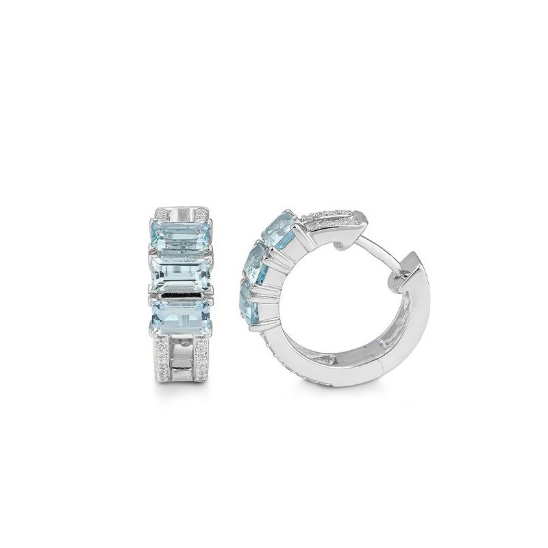 Cercei Creole din aur alb cu pietre Diamant, Topaz albastru