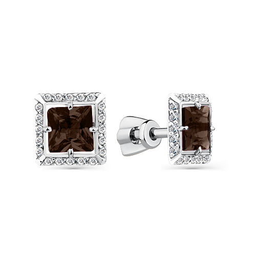 Cercei pusete din aur alb cu pietre Cubic zirconia, Cuarț fumuriu