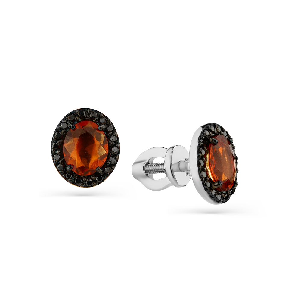 Cercei Pusete din aur alb cu pietre Diamant negru, Spessartin rosu