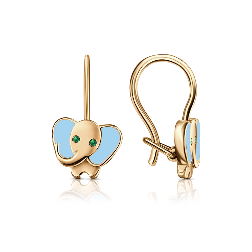 Детские серьги из красного золота с камнями Фианит Зелёный, Эмаль