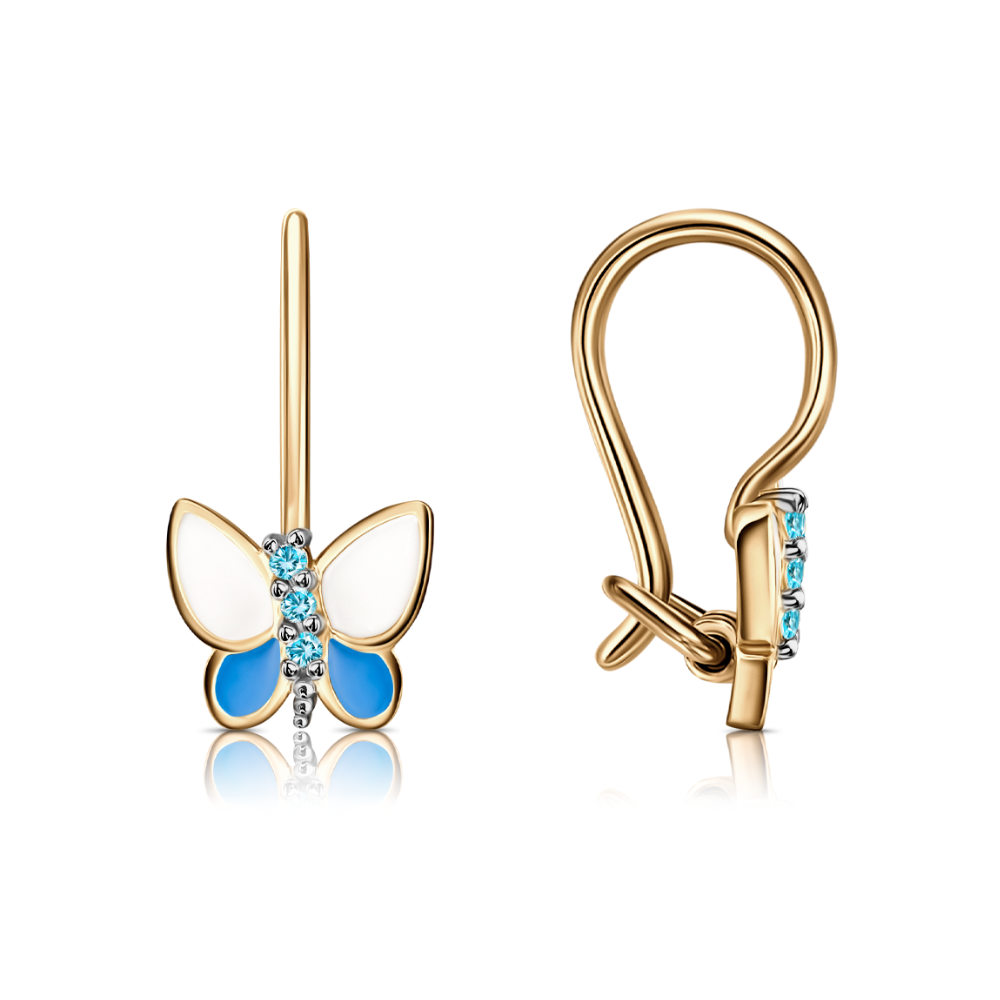 Детские серьги из красного золота с камнями Фианит Синий, Эмаль