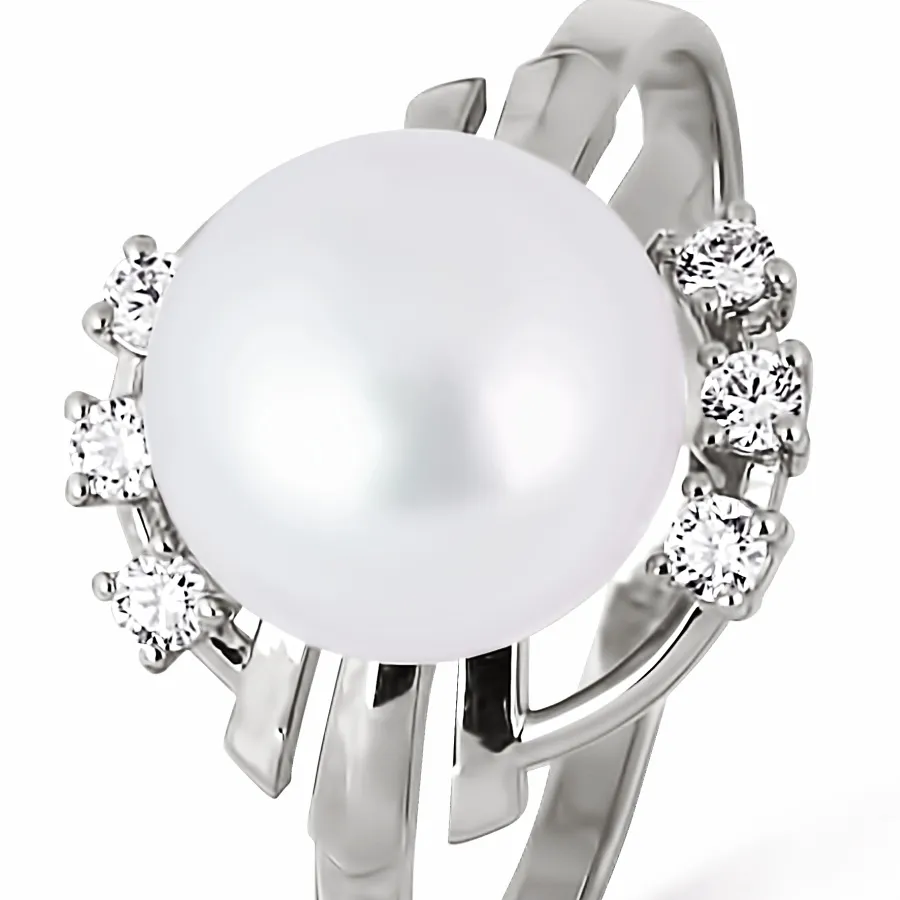 Inel din aur alb cu Cubic Zirconia Incolor, Perla Albă