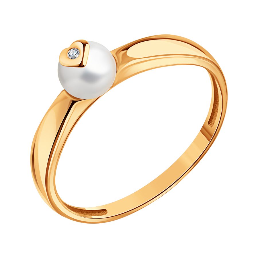 Кольцо из красного золота с камнями Фианит, Жемчуг белый