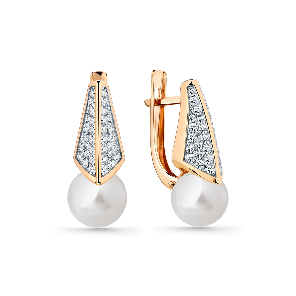 Cercei din aur roșu cu pietre Cubic Zirconia Incolor, Perla Albă