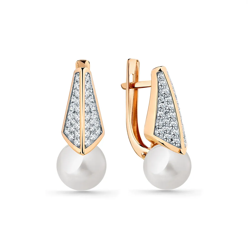 Cercei din aur roșu cu Cubic Zirconia Incolor, Perla Albă