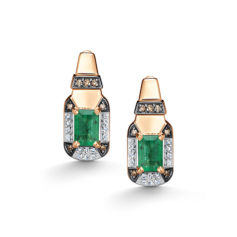 Серьги из красного золота с камнями Бриллиант, Бриллиант коньяк и Изумруд