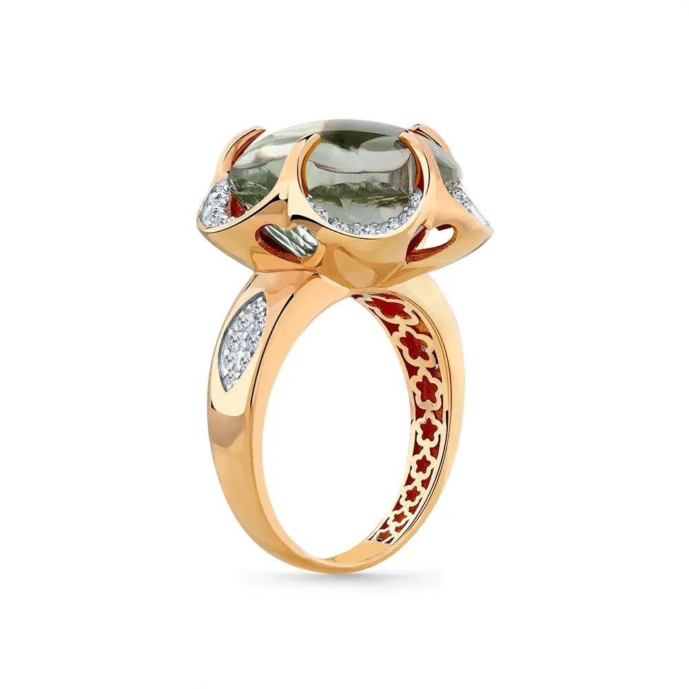 Inel din aur roșu cu Cubic Zirconia Incolor, Prasiolit și Emailare