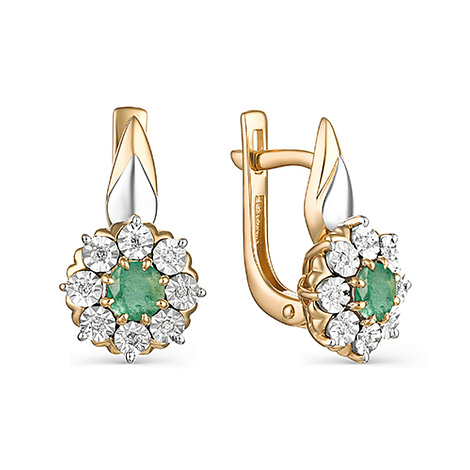 Серьги из красного золота с камнями Бриллиант, Изумруд