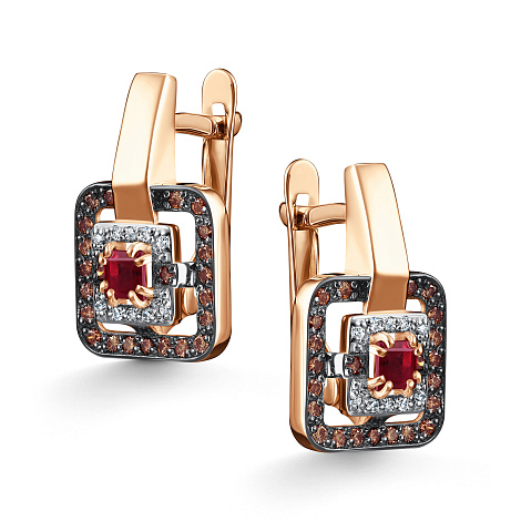 Cercei din aur roșu cu pietre Diamant, Diamant Cognac și Rubin