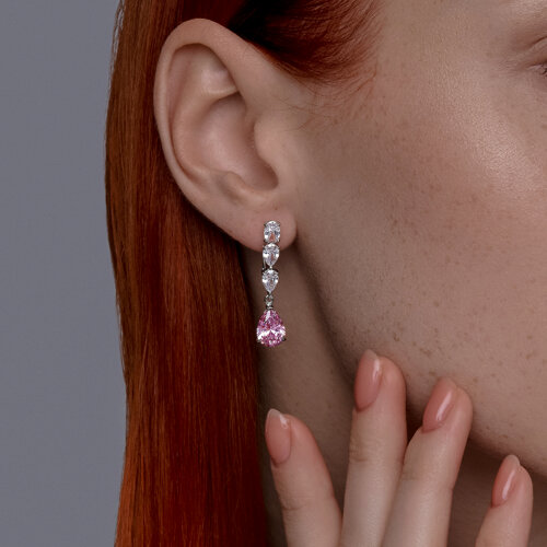 Серьги Длинные из серебра с камнями Фианит, Фианит Розовый