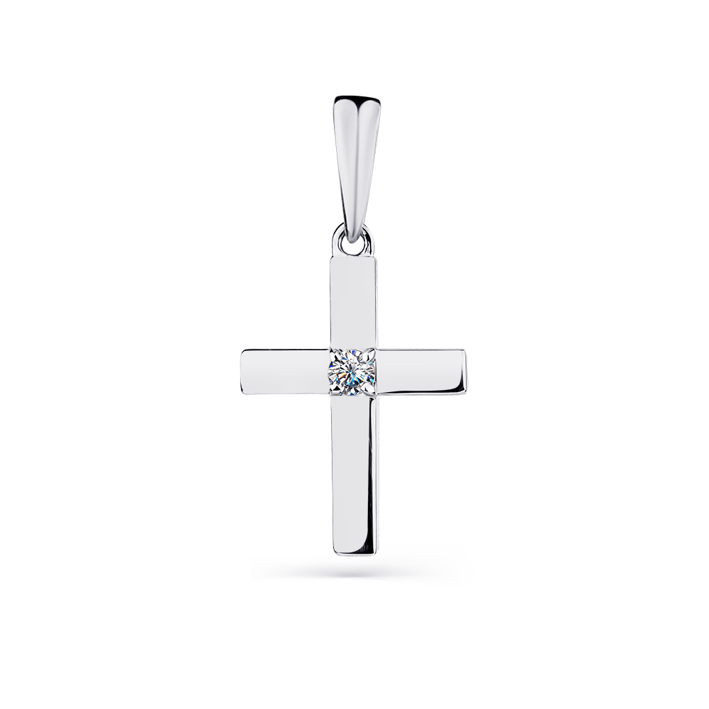 Крестик из белого золота с камнями Бриллиант
