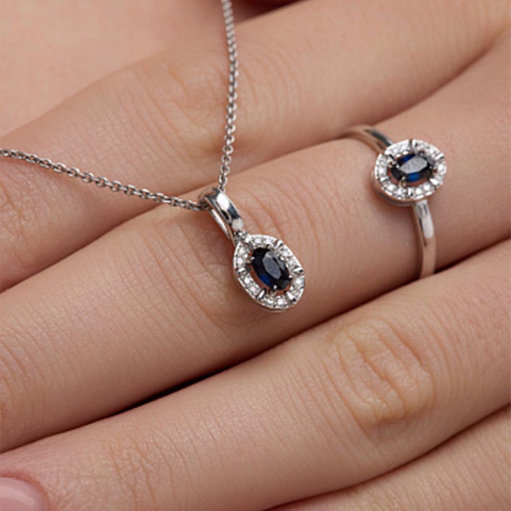 Pandantiv din aur alb cu pietre Diamant, Safir