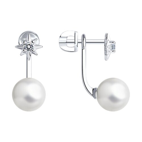 Серьги Пусеты из серебра с камнями Фианит, Жемчуг имит.