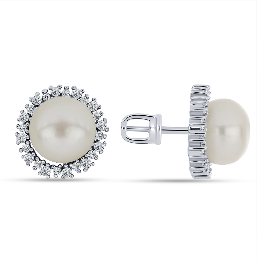 Cercei Pusete din argint  cu pietre Cubic Zirconia Incolor, Perla Albă